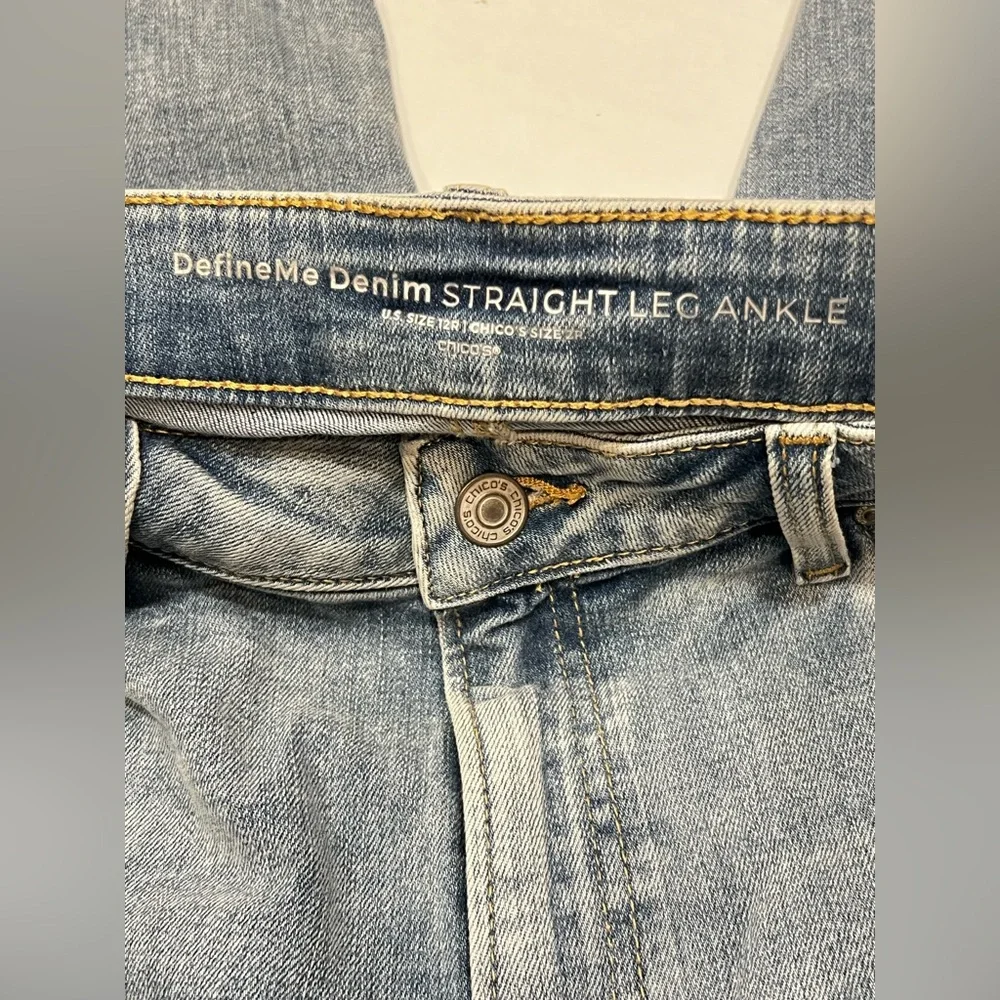 Chico's Define Me Straight Leg Ankle Blue Jeans 12 R Chicos Size 2 R Stretch